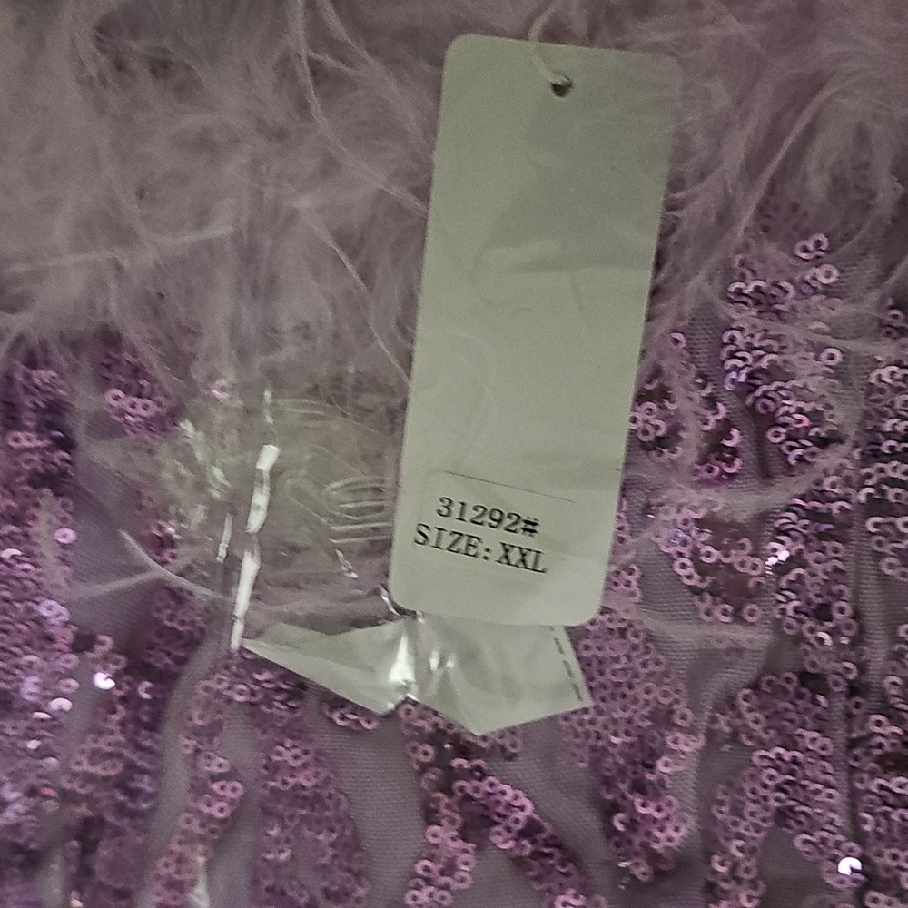 Purple,  Geo Print, Assymmetrical Neck,  Ostrich Feather, Beaded,  Sequined Gown - Picture 16 of 16